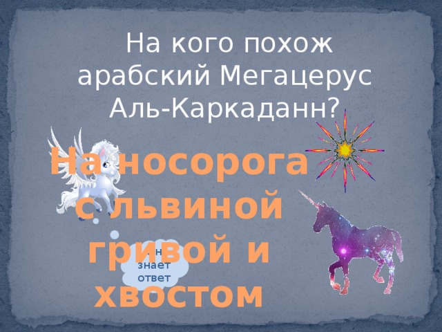 На кого похож арабский Мегацерус Аль-Каркаданн? На носорога с львиной гривой и хвостом Он знает ответ