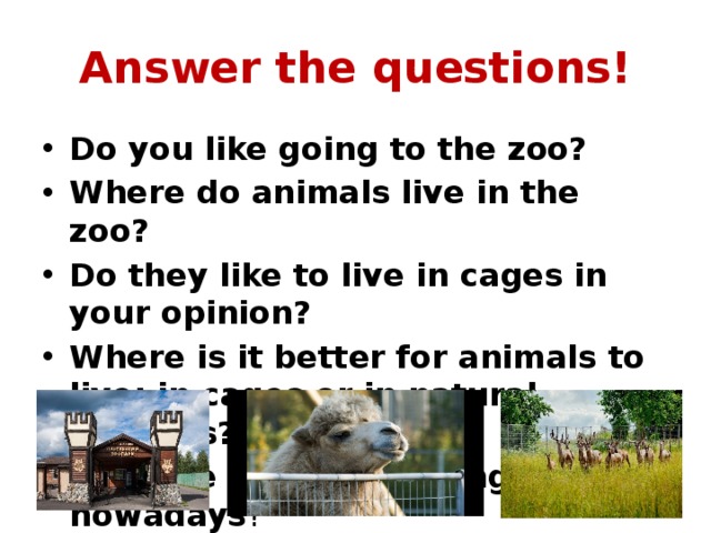 Answer the questions! Do you like going to the zoo? Where do animals live in the zoo? Do they like to live in cages in your opinion? Where is it better for animals to live: in cages or in natural habitats? Why? Why are animals in danger nowadays ? 