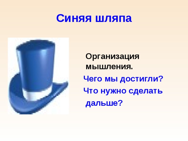 Синяя шляпа  Организация мышления.   Чего мы достигли?  Что нужно сделать  дальше? 