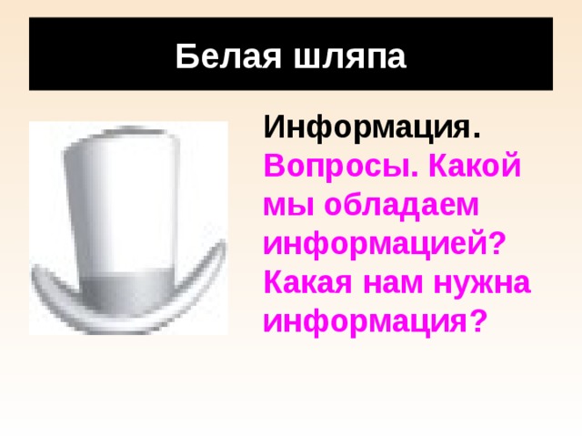 Белая шляпа Информация. Вопросы. Какой мы обладаем информацией? Какая нам нужна информация? 