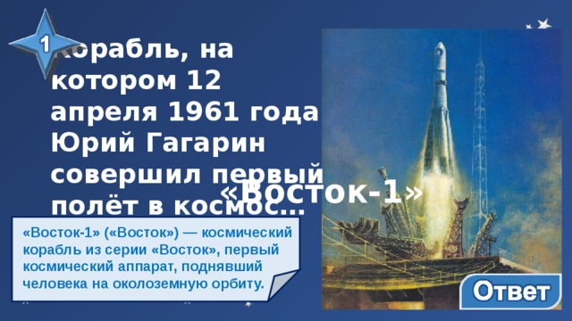 Корабль, на котором 12 апреля 1961 года Юрий Гагарин совершил первый полёт в космос… «Восток-1» «Восток-1» («Восток») — космический корабль из серии «Восток», первый космический аппарат, поднявший человека на околоземную орбиту. 