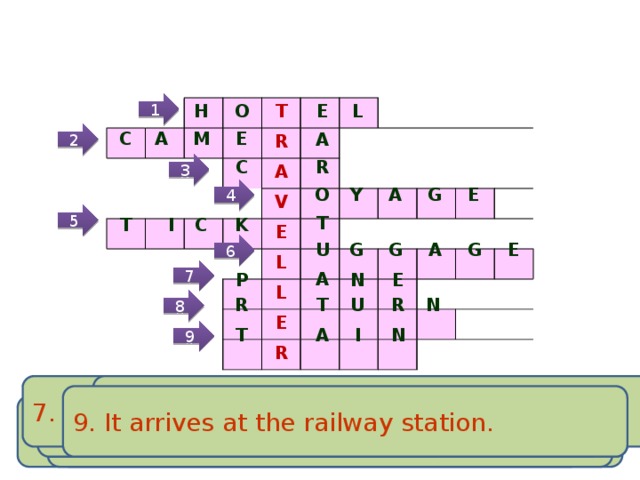 1 L E O H 1 T R A V E L L E R A 2 E C M A C R 3 4 Y A G E O 5 T I K C T A E G U G 6 G 7 A N E P N R R U T 8 9 A N T I 7. A kind of transport to travel by air. 8. You need it to travel somewhere and to come back. 6. You carry clothes and other things in it when travelling. 4. A journey by sea. 5. You buy this thing to get on a plane or a train . 9. It arrives at the railway station. 1. A place where tourists usually stay when travelling. 3. A thing to go along the road. 2. You need it when you take pictures. 12 