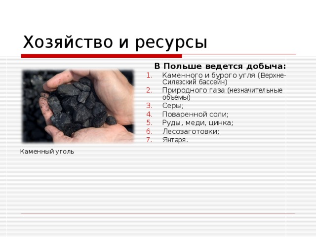 Хозяйство и ресурсы  В Польше ведется добыча: Каменного и бурого угля ( Верхне-Силезский бассейн) Природного газа (незначительные объёмы) Серы; Поваренной соли; Руды, меди, цинка; Лесозаготовки ; Янтаря. Каменный уголь 