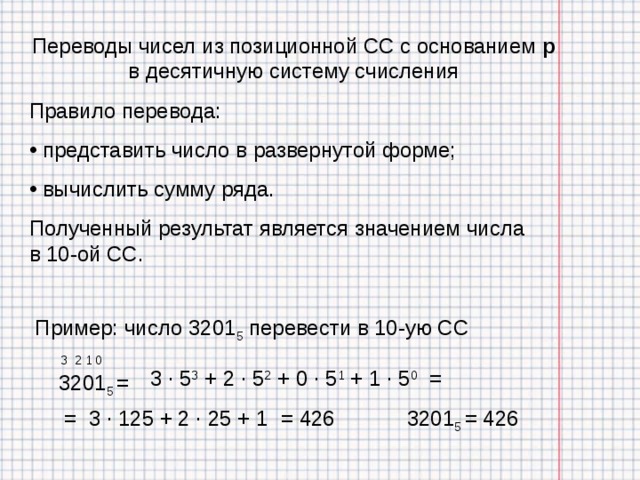 Переводы чисел из позиционной СС с основанием р в десятичную систему счисления Правило перевода:  представить число в развернутой форме;  вычислить сумму ряда. Полученный результат является значением числа  в 10-ой СС.  Пример: число 3201 5 перевести в 10-ую СС  3201 5 = 3 2 1 0 3 · 5 3 + 2 · 5 2 + 0 · 5 1 + 1 · 5 0 = = 3 · 125 + 2 · 25 + 1 = 426 3201 5 = 426 