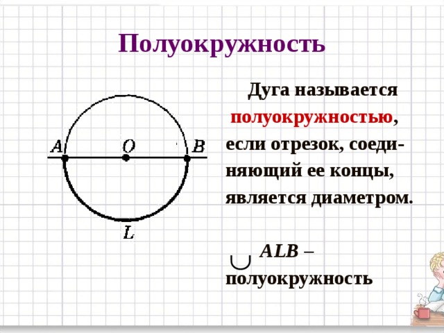 Полуокружность  Дуга называется  полуокружностью , если отрезок, соеди- няющий ее концы, является диаметром.   ALB – полуокружность 