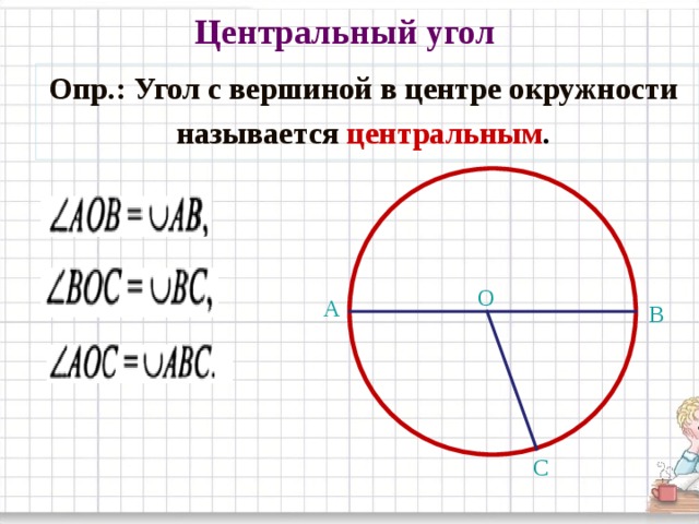 Центральный угол Опр.: Угол с вершиной в центре окружности называется  центральным .  О А В С 