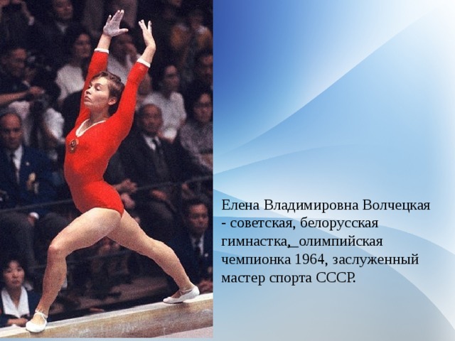 Елена Владимировна Волчецкая - советская, белорусская гимнастка , олимпийская чемпионка 1964, заслуженный мастер спорта СССР. 