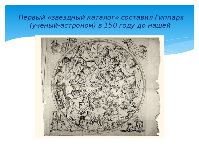 Первый «звездный каталог» составил Гиппарх (ученый-астроном) в 150 году до нашей 