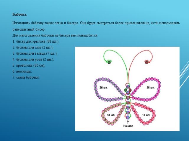 Бабочка. Изготовить бабочку также легко и быстро. Она будет смотреться более привлекательно, если использовать разноцветный бисер. Для изготовления бабочки из бисера вам понадобится: 1. бисер для крыльев (88 шт.); 2. бусины для глаз (2 шт.); 3. бусины для тельца (7 шт.); 4. бусины для усов (2 шт.); 5. проволока (80 см); 6. ножницы; 7. схема бабочки.    