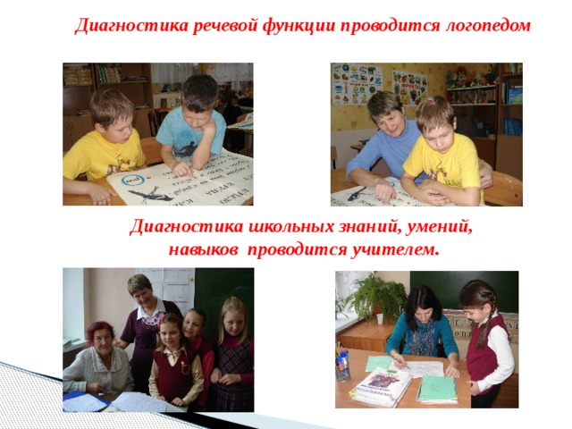 Диагностика речевой функции проводится логопедом Диагностика школьных знаний, умений,  навыков проводится учителем. 