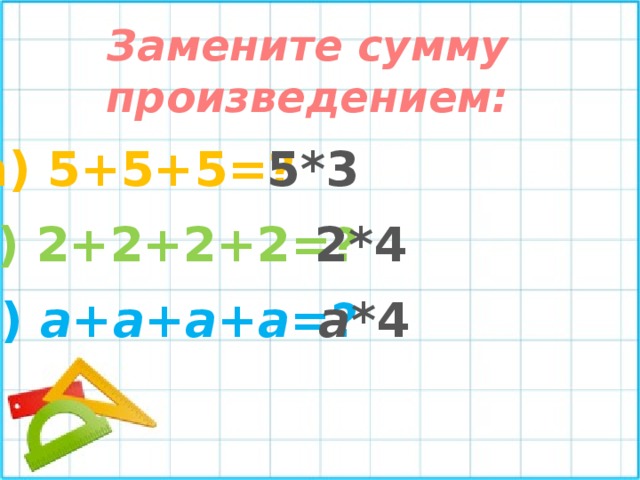 Замените сумму произведением: а) 5+5+5=? 5*3 б) 2+2+2+2=? 2*4 в) а + а + а + а =? а *4 
