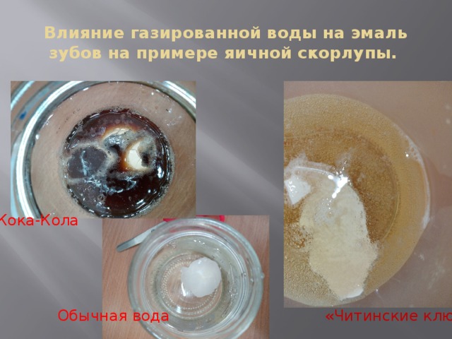 Влияние газированной воды на эмаль зубов на примере яичной скорлупы. Кока-Кола Обычная вода «Читинские ключи» 