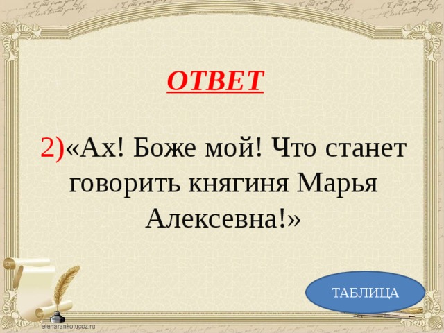 ОТВЕТ 2) « Ах! Боже мой! Что станет говорить княгиня Марья Алексевна!» ТАБЛИЦА