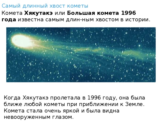 Самый длинный хвост кометы Комета  Хякутакэ  или  Большая комета 1996 года  известна самым длин-ным хвостом в истории. Когда Хякутакэ пролетала в 1996 году, она была ближе любой кометы при приближении к Земле. Комета стала очень яркой и была видна невооруженным глазом. 