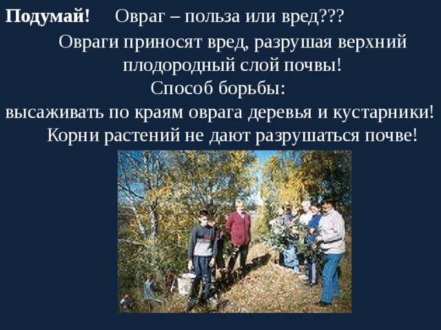 Подумай! Овраг – польза или вред???  Овраги приносят вред, разрушая верхний плодородный слой почвы! Способ борьбы: высаживать по краям оврага деревья и кустарники! Корни растений не дают разрушаться почве! 