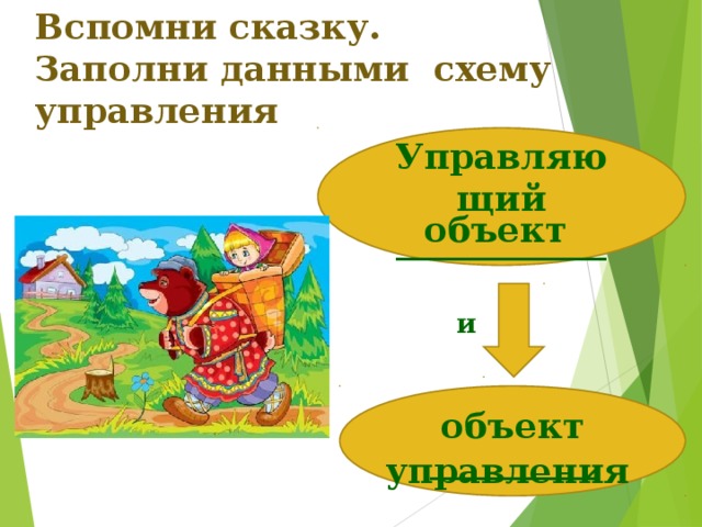 Вспомни сказку.  Заполни данными схему управления Управляющий ____________ объект и объект ____________ управления 