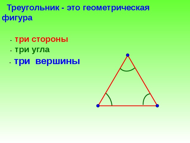  Треугольник - это геометрическая фигура - три стороны - три угла  - три вершины  