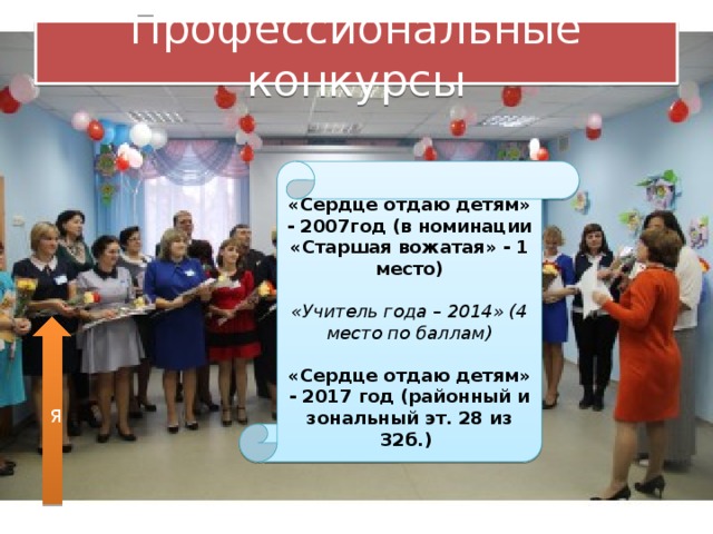 Профессиональные конкурсы «Сердце отдаю детям» - 2007год (в номинации «Старшая вожатая» - 1 место) «Учитель года – 2014» (4 место по баллам) «Сердце отдаю детям» - 2017 год (районный и зональный эт. 28 из 32б.) Я 