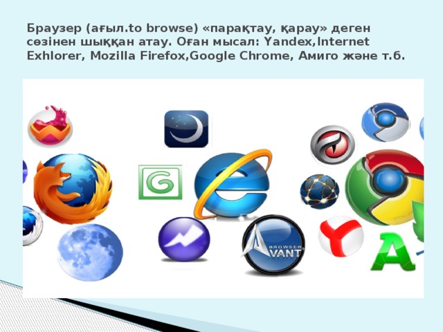 Браузер (ағыл.to browse) «парақтау, қарау» деген сөзінен шыққан атау. Оған мысал: Yandex,Internet Exhlorer, Mozilla Firefox,Google Chrome, Амиго және т.б. 