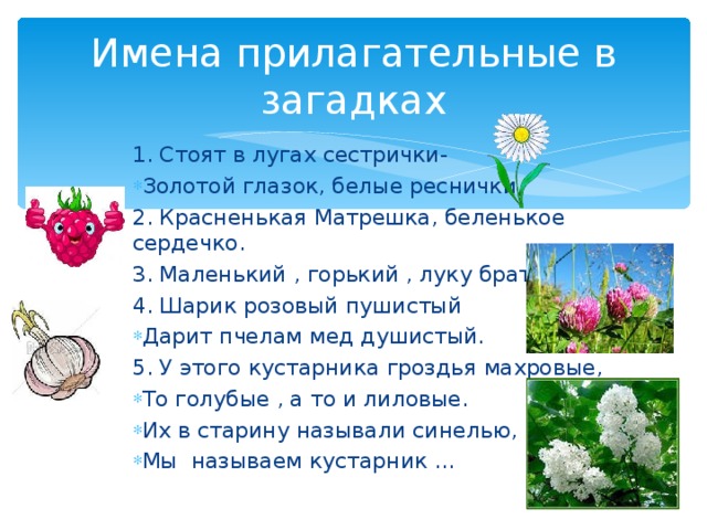 Придумайте свои загадки используя в них имена прилагательные нарисуйте к загадкам картинки