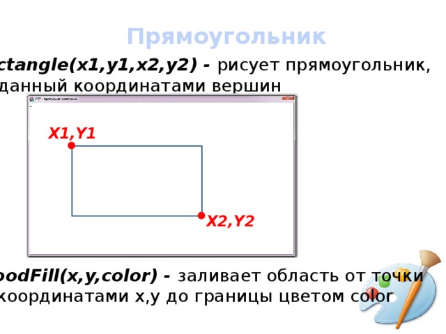 Прямоугольник Rectangle(x1,y1,x2,y2) - рисует прямоугольник,  заданный координатами вершин X1,Y1 X2,Y2 FloodFill(x,y,color) - заливает область от точки  с координатами х,у до границы цветом color 