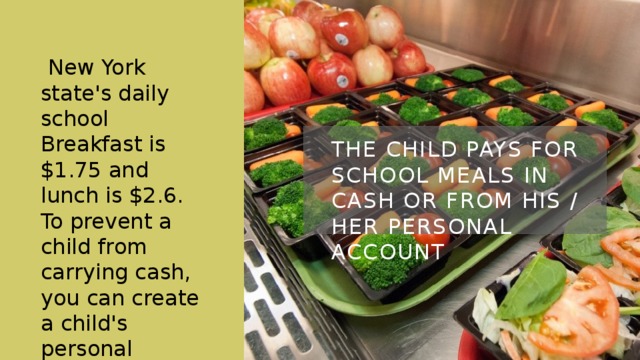 New York state's daily school Breakfast is $1.75 and lunch is $2.6. To prevent a child from carrying cash, you can create a child's personal account on the school website to pay for school Lunches The child pays for school meals in cash or from his / her personal account 