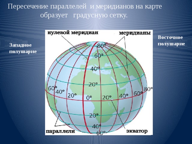 Пересечение параллелей и меридианов на карте образует градусную сетку. Восточное полушарие Западное полушарие 0