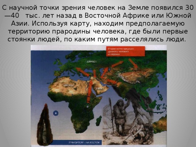 С научной точки зрения человек на Земле появился 30—40   тыс. лет назад в Восточной Африке или Южной Азии. Используя карту, находим предполагаемую территорию прародины человека, где были первые стоянки людей, по каким путям расселялись люди. 