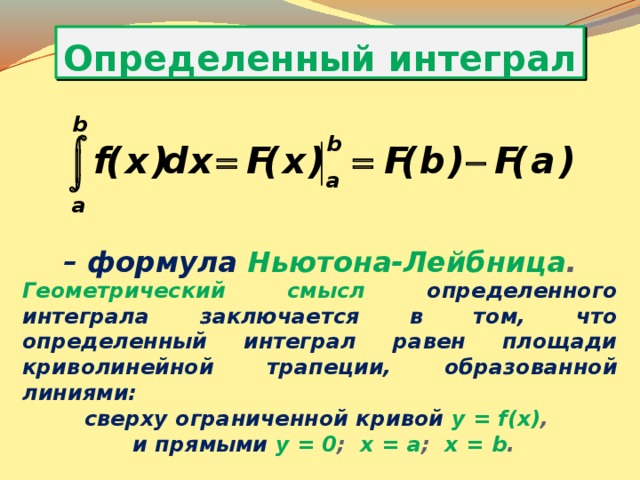 Определенный интеграл – формула Ньютона-Лейбница . Геометрический смысл  определенного интеграла заключается в том, что определенный интеграл равен площади криволинейной трапеции, образованной линиями: сверху ограниченной кривой у = f(x) ,    и прямыми у = 0 ; х = а ; х = b . 