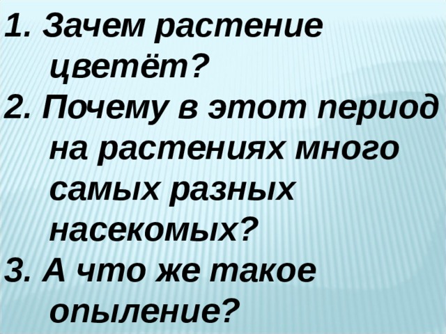 1. Зачем растение цветёт? 2. Почему в этот период на растениях много самых разных насекомых? 3. А что же такое опыление? 
