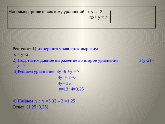 Например, решите систему уравнений х-у = -2  3х+ у = 7  Решение: 1) из первого уравнения выразим  х = у -2 2) Подставим данное выражение во второе уравнение: 3(у-2) + у= 7  3)Решаем уравнение 3у -6 +у = 7  4у = 7+6  4у= 13  у=13: 4=3,25 4) Найдем у : у =3,32 – 2 =1,25 Ответ: (1,25 ;3,25) 