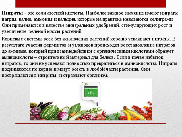 Нитраты – это соли азотной кислоты. Наиболее важное значение имеют нитраты натрия, калия, аммония и кальция, которые на практике называются селитрами. Они применяются в качестве минеральных удобрений, стимулирующих рост и увеличение зеленой массы растений. Корневые системы всех без исключения растений хорошо усваивают нитраты. В результате участия ферментов и углеводов происходит восстановление нитратов до аммиака, который при взаимодействии с органическими кислотами образует аминокислоты – строительный материал для белков. Если в почве избыток нитратов, то они не успевают полностью превратиться в аминокислоты. Нитраты поднимаются по корню и могут осесть в любой части растения. Они превращаются в нитриты и отравляют организм. 