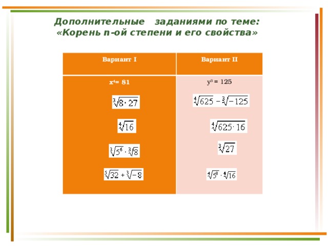 Задание по теме корни. Корень 4 степени из 625.