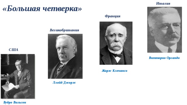 Италия «Большая четверка» Франция Великобритания США Витторио Орландо  Жорж Клемансо         Ллойд Джорж    Вудро Вильсон  