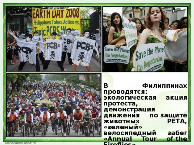 В Филиппинах проводятся: экологическая акция протеста, демонстрация движения по защите животных PETA, «зеленый» велосипедный забег «Annual Tour of the Fireflies».