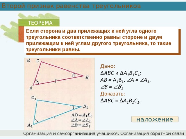 Второй признак равенства треугольников ТЕОРЕМА Если сторона и два прилежащих к ней угла одного треугольника соответственно равны стороне и двум прилежащим к ней углам другого треугольника, то такие треугольники равны.   наложение Организация и самоорганизация учащихся. Организация обратной связи