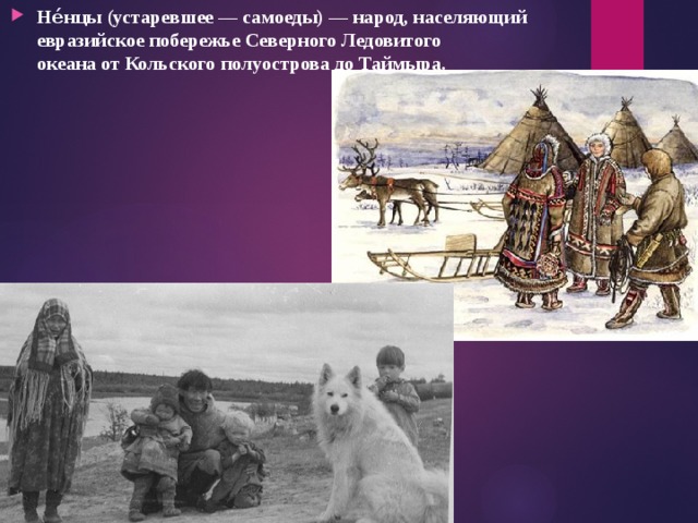 Не́нцы (устаревшее — самоеды) — народ, населяющий евразийское побережье Северного Ледовитого океана от Кольского полуострова до Таймыра. 