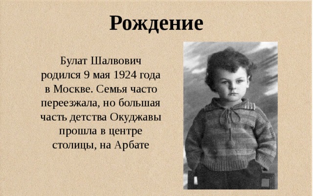 Рождение Булат Шалвович родился 9 мая 1924 года в Москве.  Семья часто переезжала, но большая часть детства Окуджавы прошла в центре столицы, на Арбате 