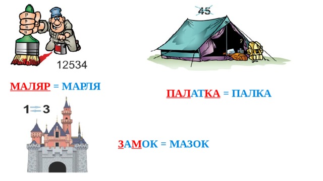 МАЛЯР  = МАРЛЯ ПАЛ АТ КА  = ПАЛКА З А М ОК = МАЗОК 