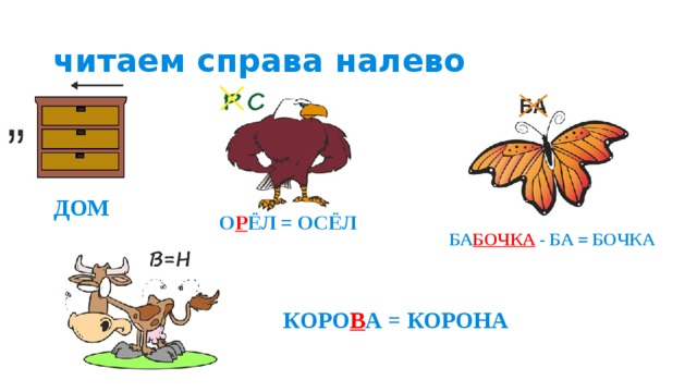читаем справа налево ДОМ О Р ЁЛ = ОСЁЛ БА БОЧКА  - БА = БОЧКА  КОРО В А = КОРОНА 