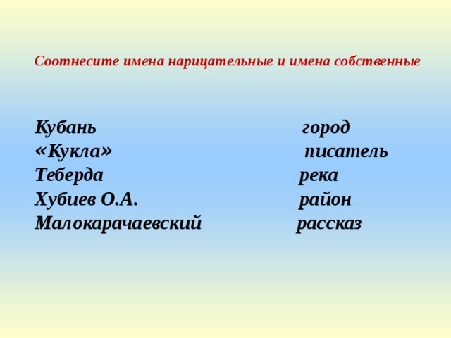 Соотнесите имена нарицательные и имена собственные   Кубань город « Кукла » писатель Теберда река Хубиев О.А. район Малокарачаевский рассказ 