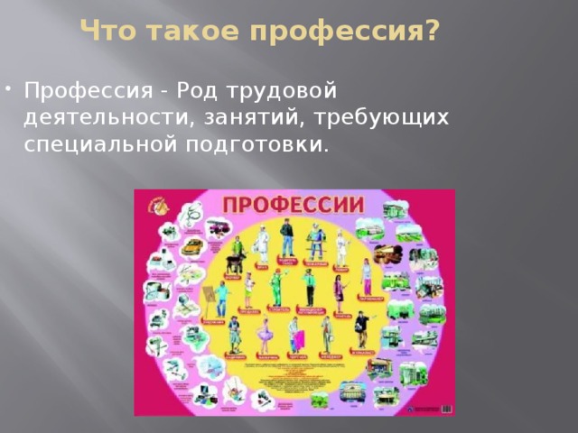 Что такое профессия? Профессия - Род трудовой деятельности, занятий, требующих специальной подготовки.    