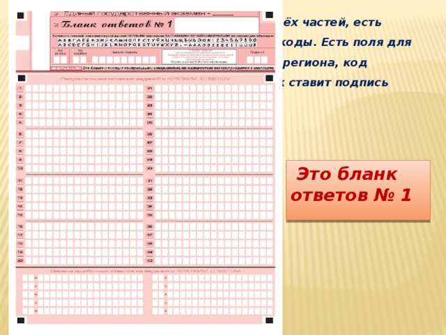 3) Фон — малиновый цвет. Состоит из трёх частей, есть горизонтальные и вертикальные штрихкоды. Есть поля для указания следующей информации: код региона, код предмета, название предмета. Участник ставит подпись строго внутри окошка).     Это бланк ответов № 1   