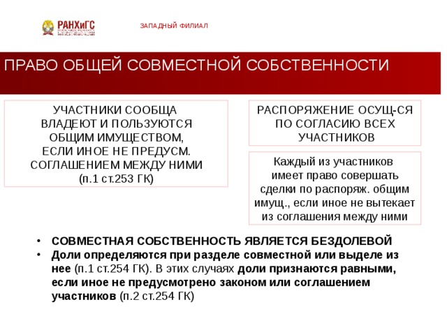 ЗАПАДНЫЙ ФИЛИАЛ ПРАВО ОБЩЕЙ СОВМЕСТНОЙ СОБСТВЕННОСТИ РАСПОРЯЖЕНИЕ ОСУЩ-СЯ УЧАСТНИКИ СООБЩА ВЛАДЕЮТ И ПОЛЬЗУЮТСЯ ПО СОГЛАСИЮ ВСЕХ ОБЩИМ ИМУЩЕСТВОМ,  УЧАСТНИКОВ ЕСЛИ ИНОЕ НЕ ПРЕДУСМ. СОГЛАШЕНИЕМ МЕЖДУ НИМИ (п.1 ст.253 ГК) Каждый из участников имеет право совершать сделки по распоряж. общим имущ., если иное не вытекает из соглашения между ними СОВМЕСТНАЯ СОБСТВЕННОСТЬ ЯВЛЯЕТСЯ БЕЗДОЛЕВОЙ Доли определяются при разделе совместной или выделе из нее (п.1 ст.254 ГК). В этих случаях доли признаются равными, если иное не предусмотрено законом или соглашением участников (п.2 ст.254 ГК)  