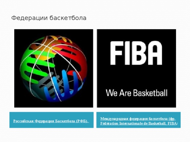  Федерации баскетбола    Российская Федерация Баскетбола (РФБ).  Международная федерация баскетбола (фр. Fédération Internationale de Basketball, FIBA ) 