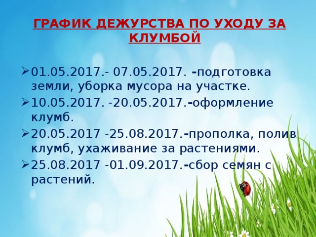 ГРАФИК ДЕЖУРСТВА ПО УХОДУ ЗА КЛУМБОЙ 01.05.2017.- 07.05.2017. - подготовка земли, уборка мусора на участке. 10.05.2017. -20.05.2017. - оформление клумб. 20.05.2017 -25.08.2017. - прополка, полив клумб, ухаживание за растениями. 25.08.2017 -01.09.2017. - сбор семян с растений.  