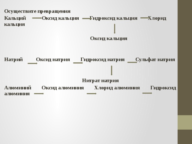 Осуществите превращения Кальций Оксид кальция Гидроксид кальция Хлорид кальция   Оксид кальция   Натрий Оксид натрия Гидроксид натрия Сульфат натрия    Нитрат натрия Алюминий Оксид алюминия Хлорид алюминия Гидроксид алюминия 