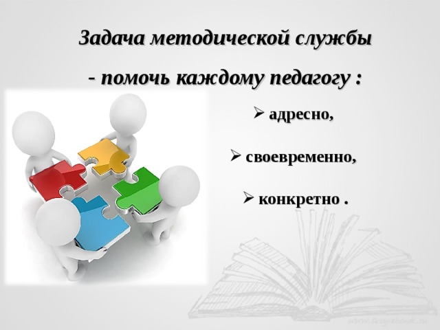 Задача методической службы  - помочь каждому педагогу : адресно, своевременно, конкретно . 