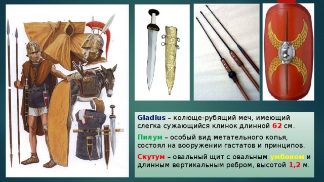 Gladius – колюще-рубящий меч, имеющий слегка сужающийся клинок длинной 62 см. Пилум – особый вид метательного копья, состоял на вооружении гастатов и принципов. Скутум – овальный щит с овальным умбоном и длинным вертикальным ребром, высотой 1,2 м. 