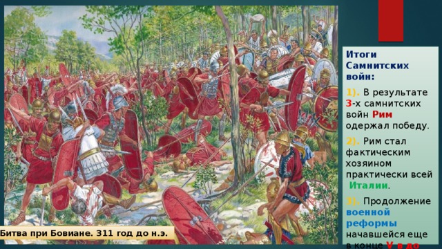 Итоги Самнитских войн: 1). В результате 3 -х самнитских войн Рим одержал победу. 2). Рим стал фактическим хозяином практически всей Италии . 3). Продолжение военной реформы начавшейся еще в конце V в до н.э. Битва при Бовиане. 311 год до н.э. 